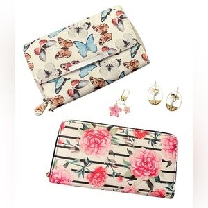 Floral and Butterfly Print Wallet Set with a bag charm and palm earrings.